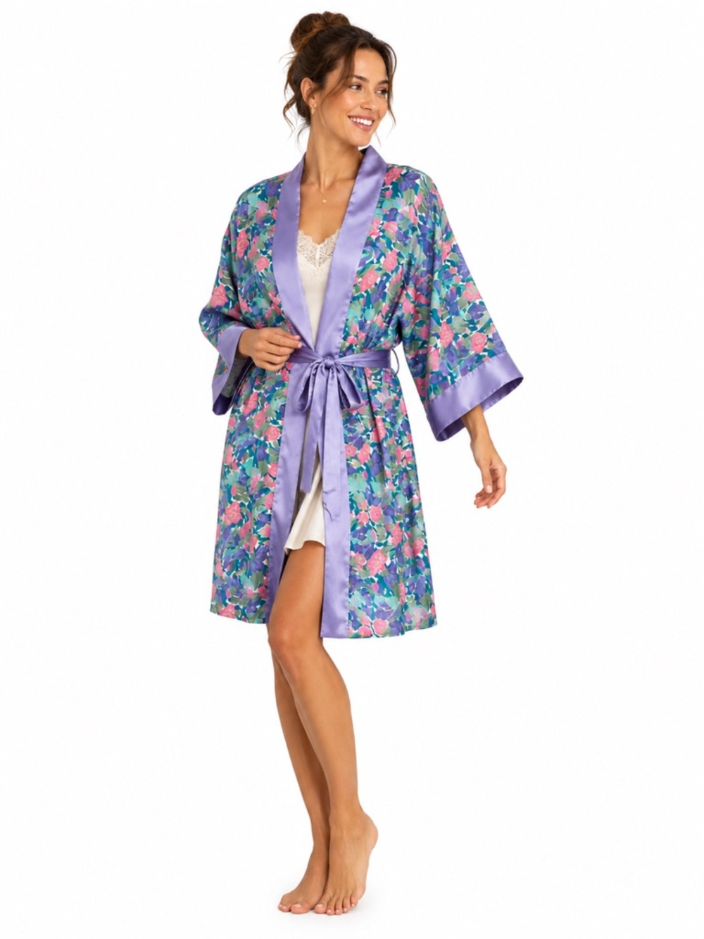 Vintage Victoria's Secret Floral Kimono Robe Satin Trim One Size Purple Belted
